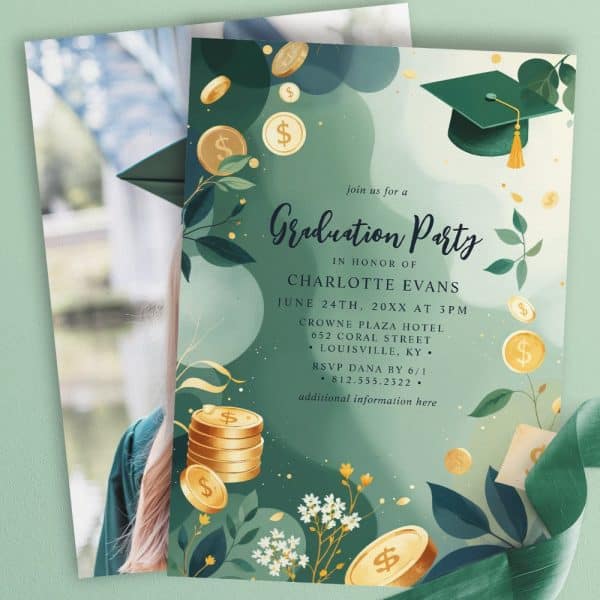 Graduation Party Invitation For Charlotte Evans, Featuring A Green And Gold Design With A Graduation Cap And Coins.