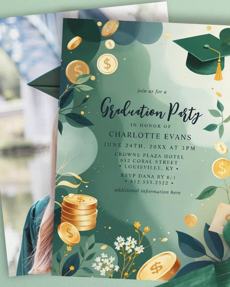 Graduation party invitation for Charlotte Evans, featuring a green and gold design with a graduation cap and coins.