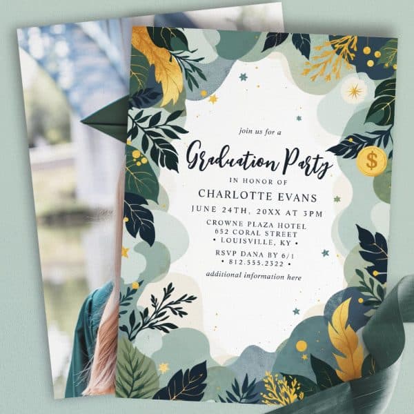 Graduation Party Invitation For Charlotte Evans, Featuring A Leafy Design.