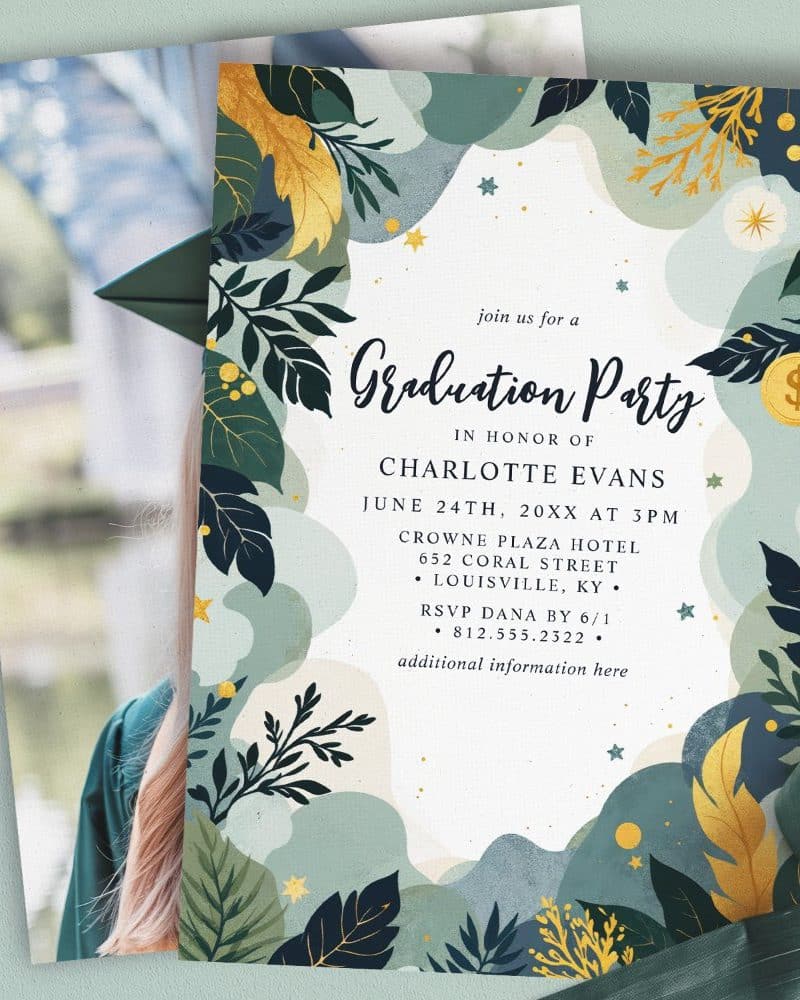 Graduation party invitation for Charlotte Evans, featuring a leafy design.