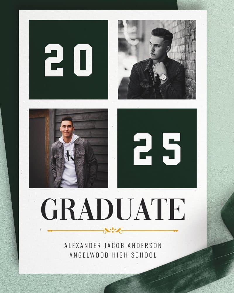 Graduation announcement for Alexander Jacob Anderson, Angelwood High School, class of 2025, featuring two photos of the graduate.