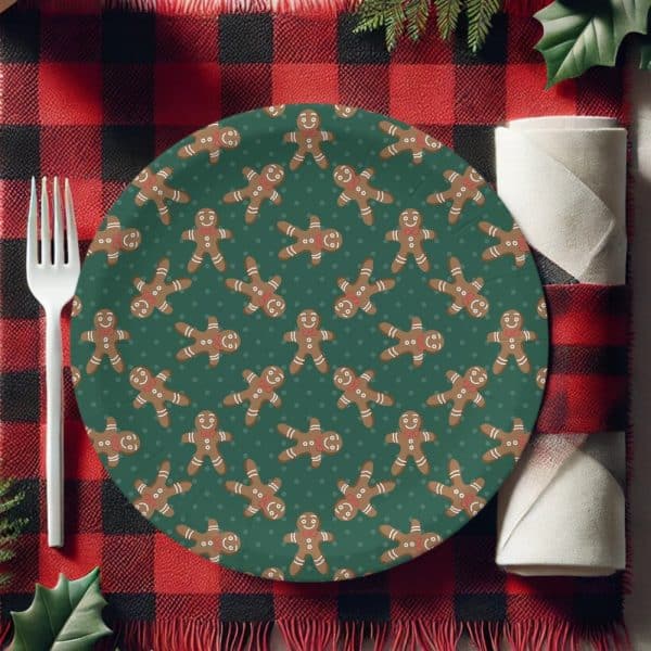 Green Paper Plate With A Repeating Pattern Of Gingerbread Men.