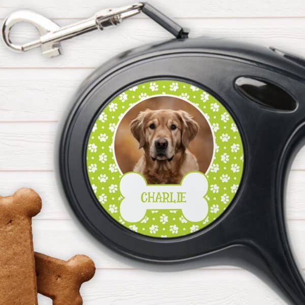 Personalized Retractable Dog Leash With A Photo Of A Golden Retriever Named Charlie.