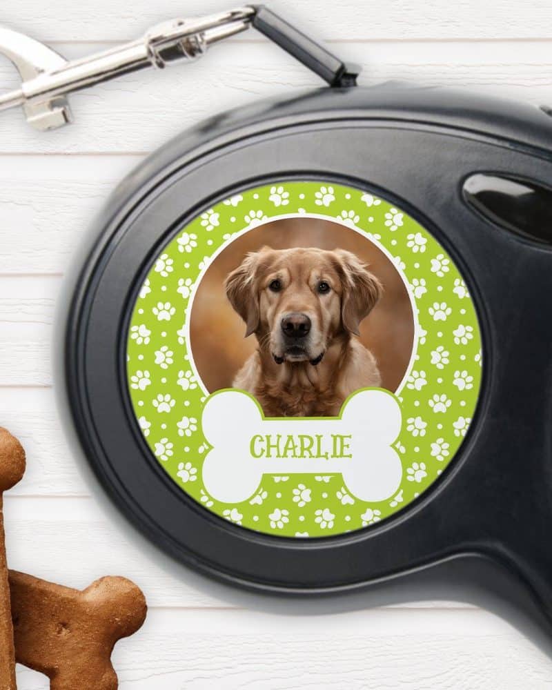 Personalized retractable dog leash with a photo of a golden retriever named Charlie.