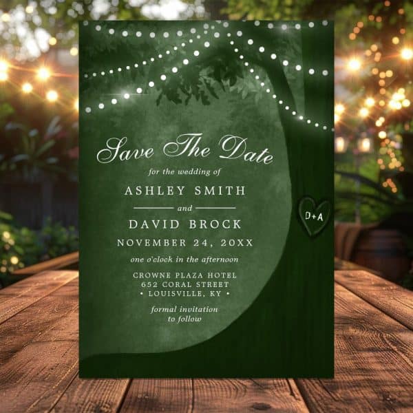 Save The Date For Ashley Smith And David Brock'S Wedding, November 24, 20Xx, At The Crowne Plaza Hotel In Louisville, Kentucky. The Design Features A Dark Green Tree With String Lights.