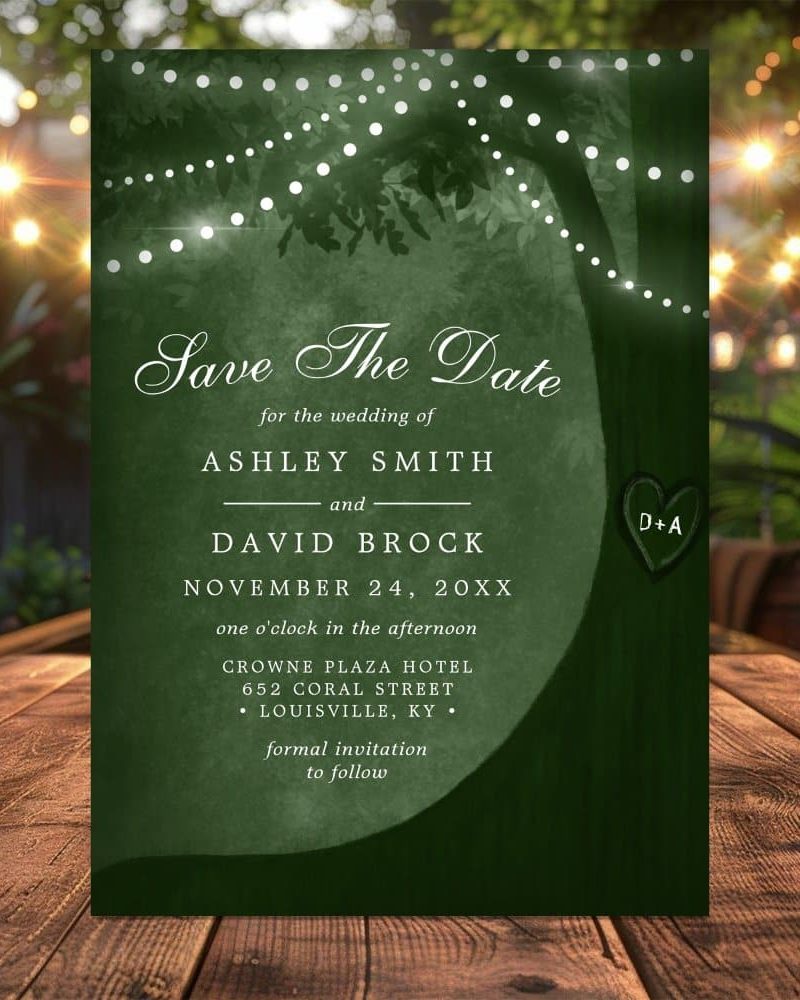 Save the date for Ashley Smith and David Brock's wedding, November 24, 20XX, at the Crowne Plaza Hotel in Louisville, Kentucky. The design features a dark green tree with string lights.