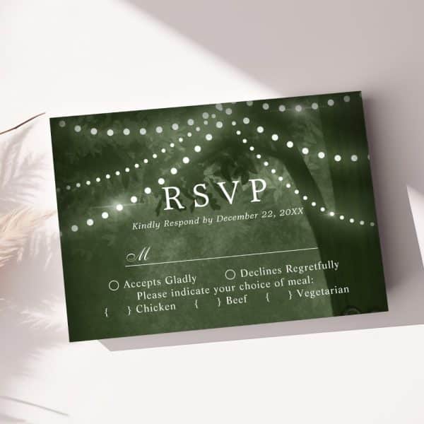 Dark Green Rsvp Card With Fairy Lights Strung Around A Tree, Requesting Response By December 22Nd, With Meal Choices.