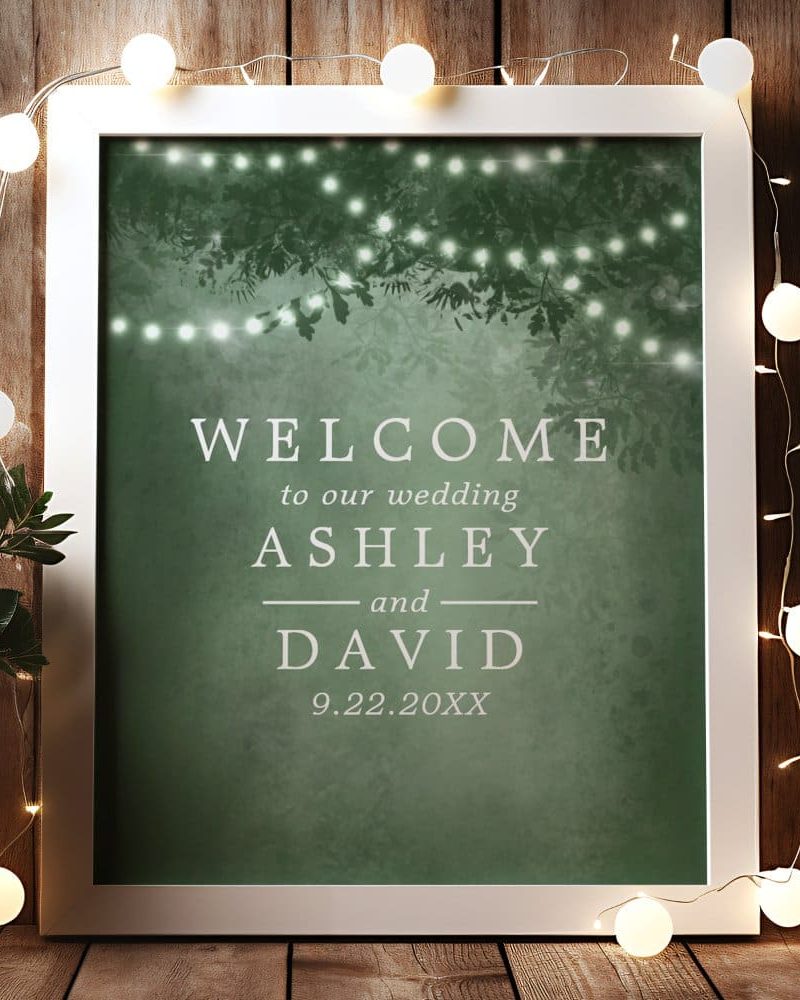 Green Rustic Tree Lights Wedding Welcome Sign