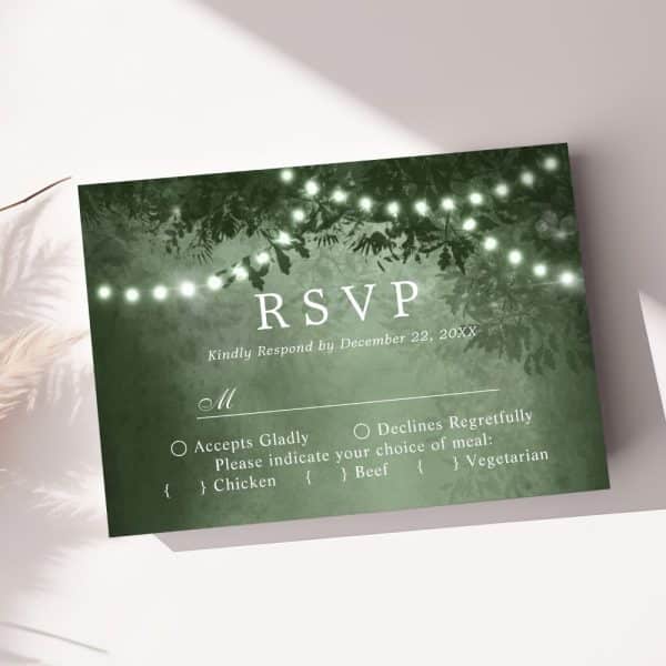 Green Rsvp Card With String Lights And Foliage Design.