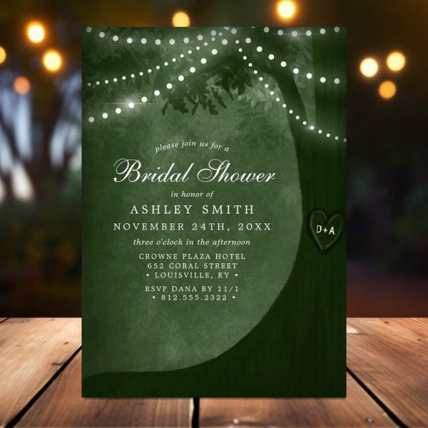 Dark Green Bridal Shower Invitation With A Tree Silhouette And String Lights, Announcing Ashley Smith'S Shower.