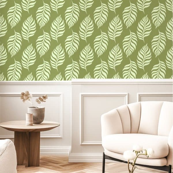 Olive Green Wallpaper With A Repeating Pattern Of Light Beige Stylized Leaves.