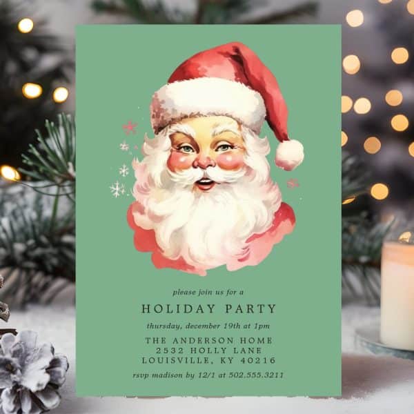 A Vintage-Style Illustration Of Santa Claus'S Face On A Green Holiday Party Invitation.