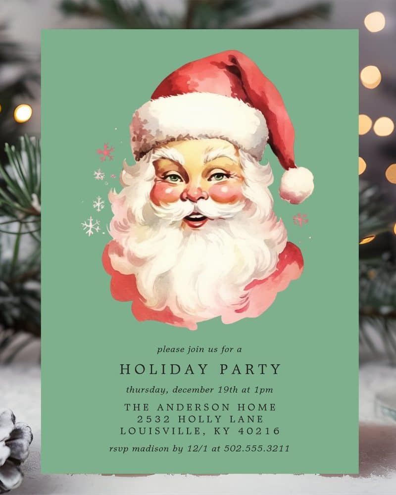A vintage-style illustration of Santa Claus's face on a green holiday party invitation.