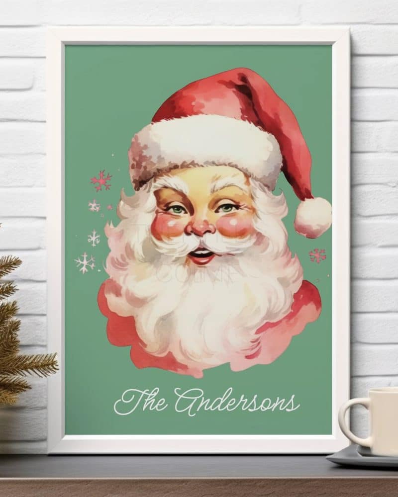 Framed illustration of Santa Claus's face, with the name Andersons below.