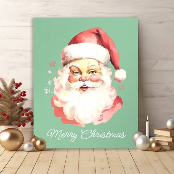 A Vintage Style Illustration Of Santa Claus'S Face On A Teal Background, With The Text Merry Christmas.