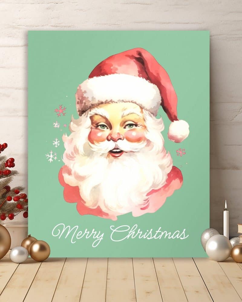 A vintage style illustration of Santa Claus's face on a teal background, with the text Merry Christmas.