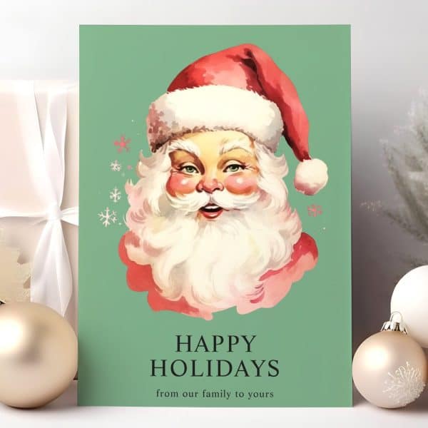 A Vintage-Style Illustration Of Santa Claus'S Face On A Green Background With The Text Happy Holidays From Our Family To Yours.