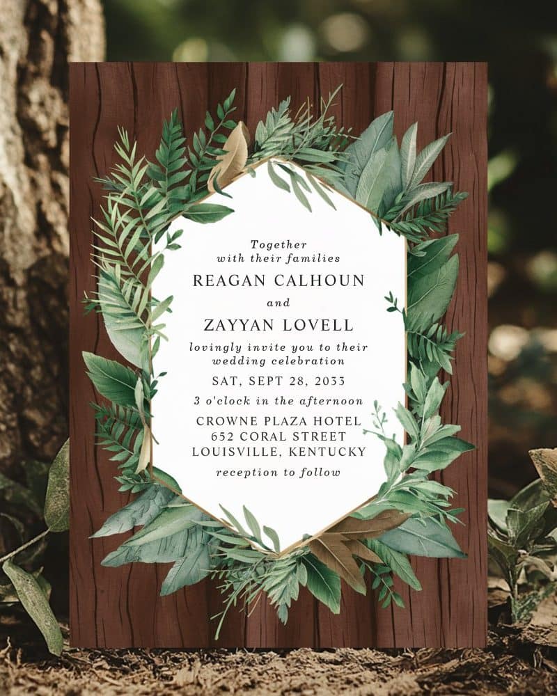Wedding invitation with wood background and greenery border, announcing the marriage of Reagan Calhoun and Zayyan Lovell.