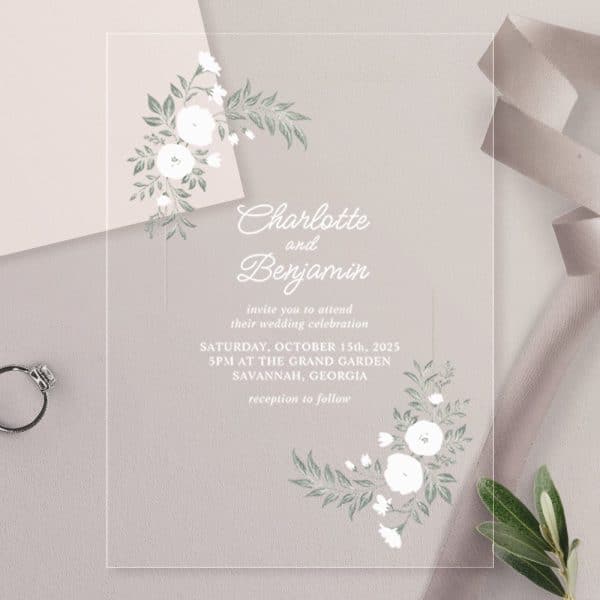 Clear Acrylic Wedding Invitation For Charlotte And Benjamin, Featuring White Floral Designs.