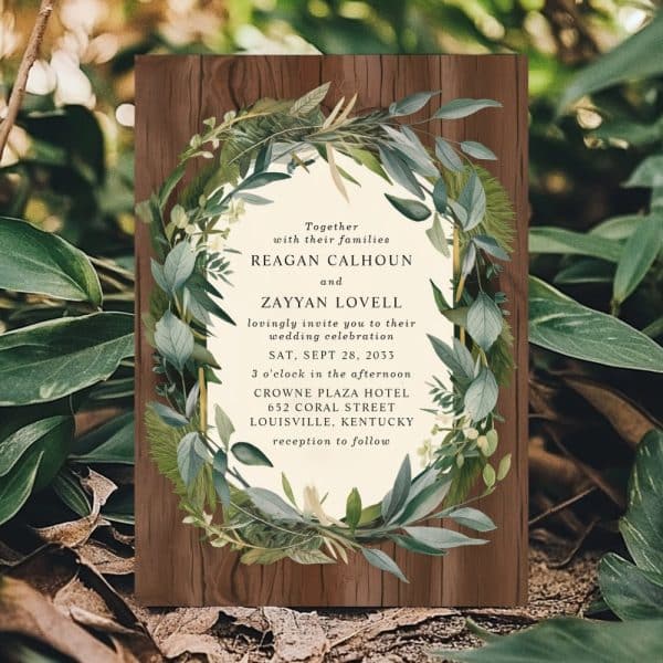Wedding Invitation For Reagan Calhoun And Zayyan Lovell, September 28, 2033, At The Crowne Plaza Hotel In Louisville, Kentucky. The Design Features A Wood Background And A Leafy Wreath.