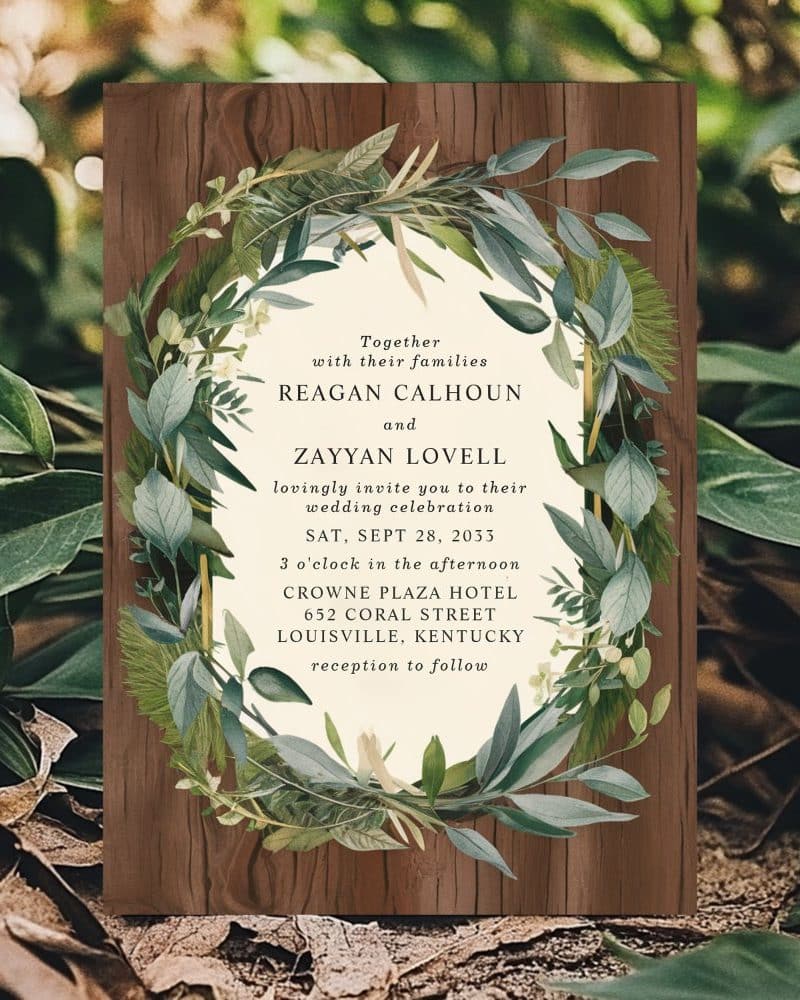 Wedding invitation for Reagan Calhoun and Zayyan Lovell, September 28, 2033, at the Crowne Plaza Hotel in Louisville, Kentucky. The design features a wood background and a leafy wreath.