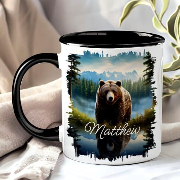 Personalized Coffee Mug With A Grizzly Bear In A Mountain Lake Scene, The Name Matthew Printed Below.