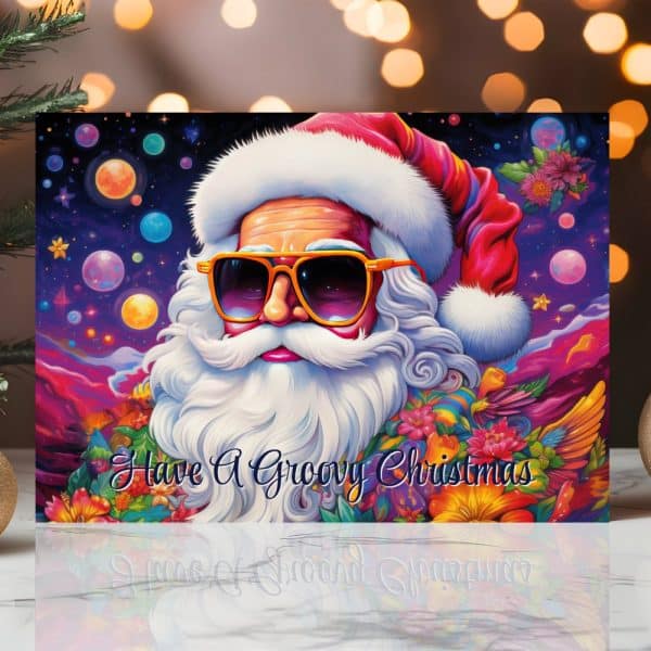 Psychedelic Santa Claus Wearing Sunglasses, Surrounded By Colorful Flowers And Planets, With The Text Have A Groovy Christmas.