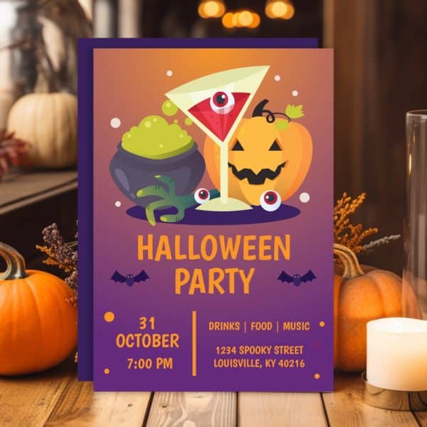 Halloween Party Invitation Featuring A Cocktail, Jack-O'-Lantern, And Cauldron.