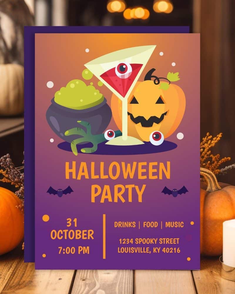 Halloween party invitation featuring a cocktail, jack-o'-lantern, and cauldron.