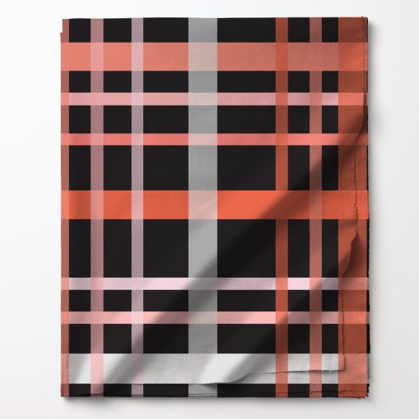 Folded Fabric With A Black, Coral, And Gray Plaid Pattern.