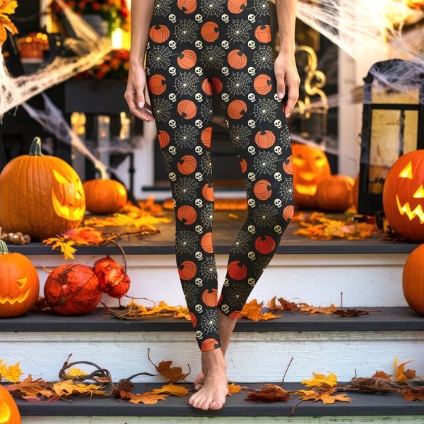 Legs Wearing Black Leggings With A Halloween Pattern Of Pumpkins And Skulls.
