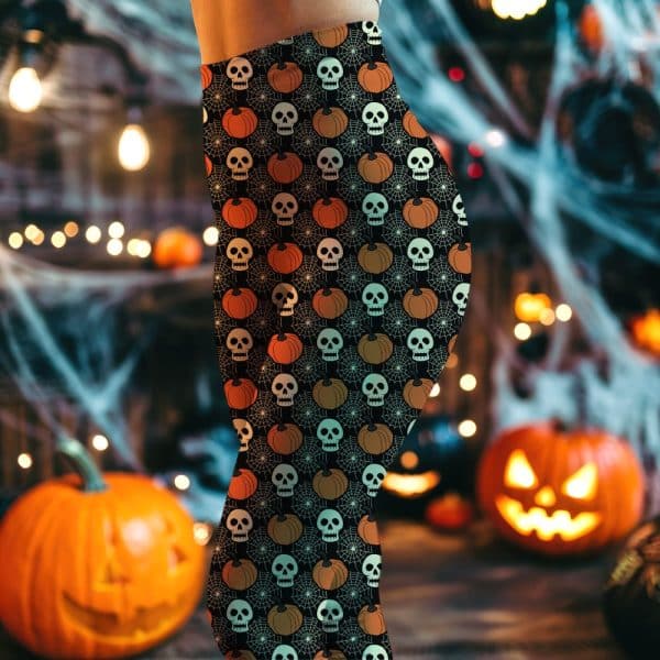 Halloween Leggings With A Repeating Pattern Of Skulls And Pumpkins.