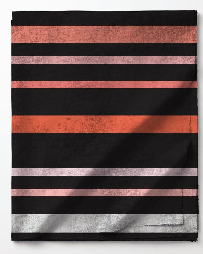 Horizontal striped fabric in black, coral, and gray tones.