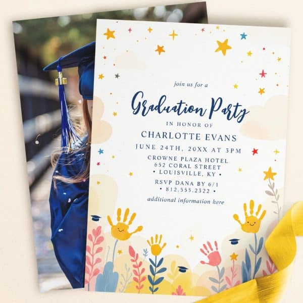 Graduation Party Invitation For Charlotte Evans, Featuring A Photo Of A Graduate And Colorful Handprint Decorations.