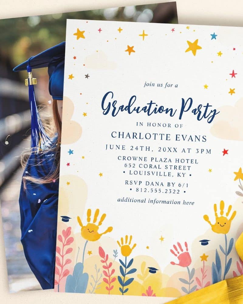 Graduation party invitation for Charlotte Evans, featuring a photo of a graduate and colorful handprint decorations.