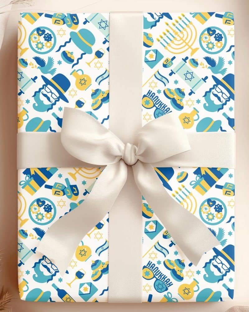 Hanukkah gift wrapped in blue and yellow paper with traditional Hanukkah symbols.