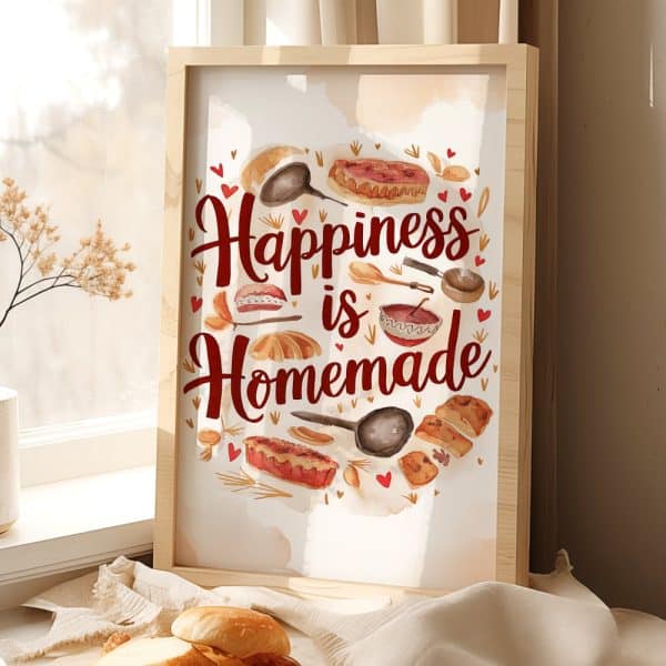 Wooden Framed Print With Watercolor Illustration Of Baked Goods And The Text Happiness Is Homemade.