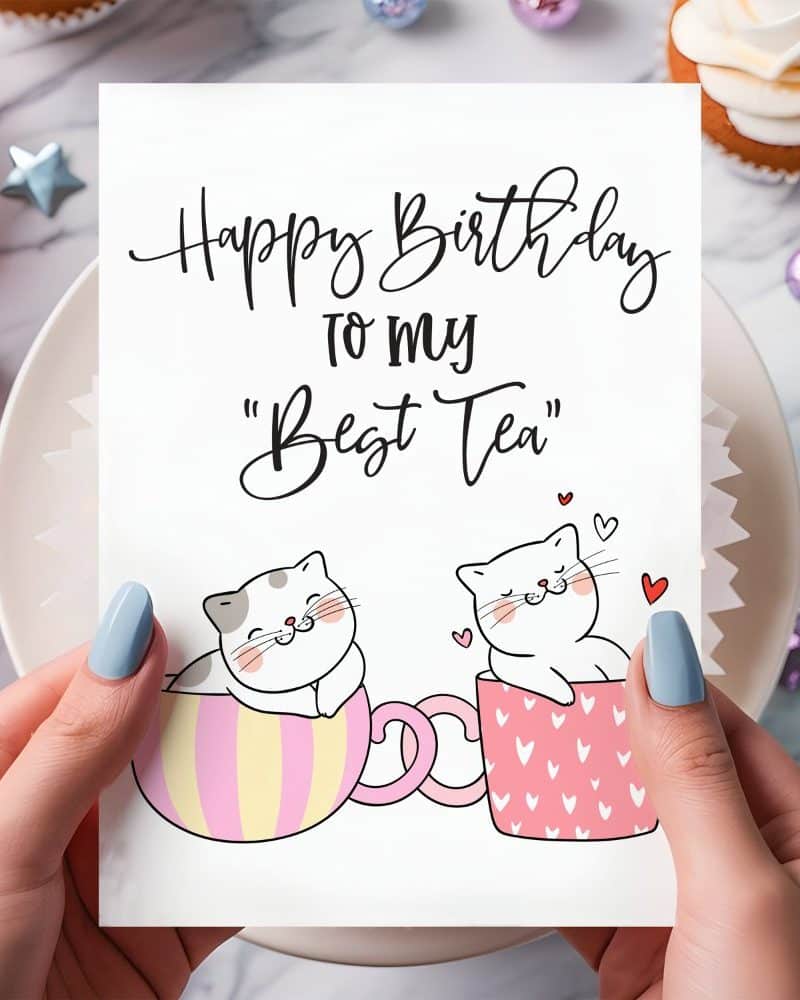 Hands hold a birthday card featuring two cartoon cats nestled in teacups. The card reads Happy Birthday to my "Best Tea".