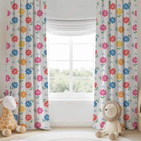 Pair Of Children'S Curtains Featuring A Light Gray Background With A Repeating Pattern Of Colorful Smiling Flowers And Raindrops.