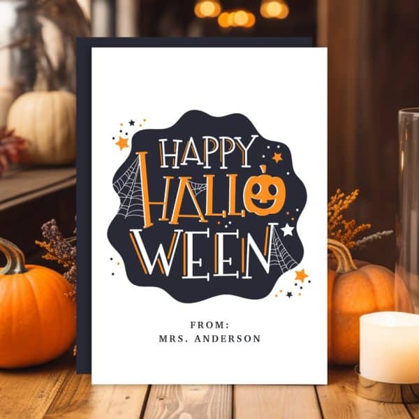 Halloween Greeting Card With Stylized Text Reading Happy Halloween And A Jack-O-Lantern. From Mrs. Anderson.