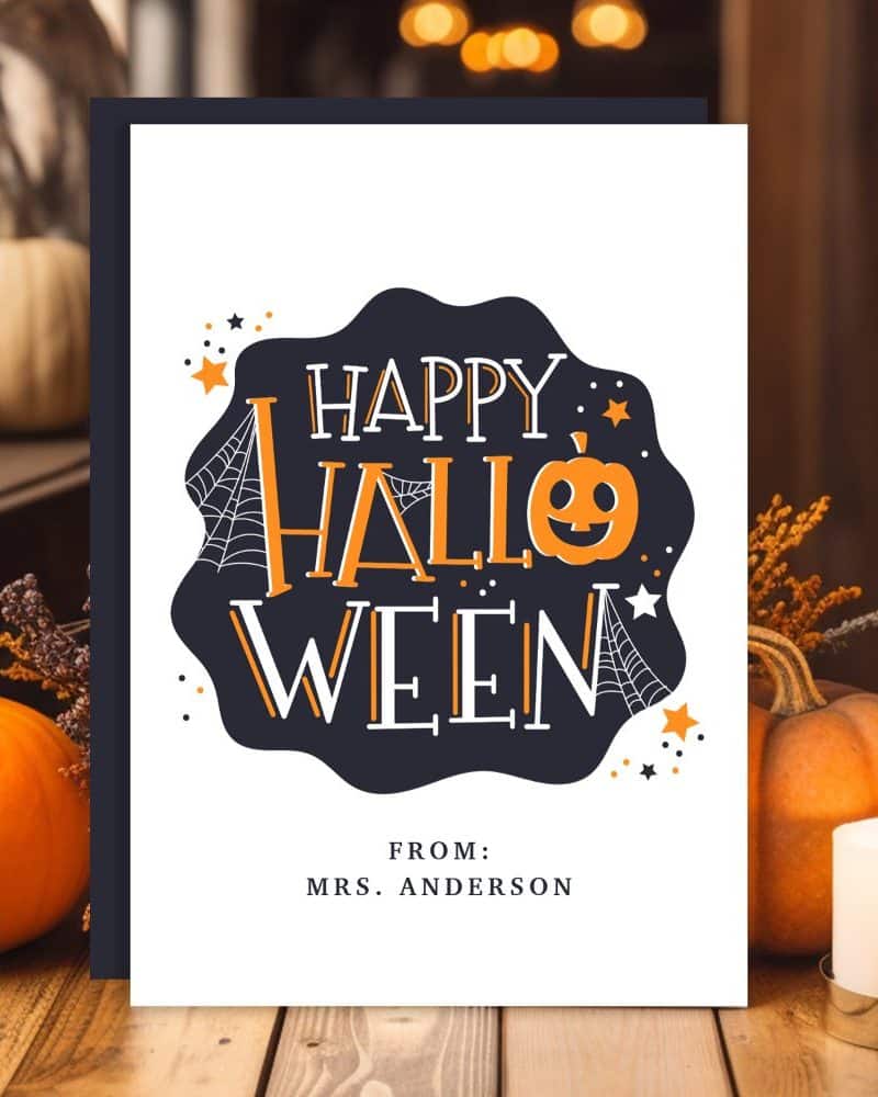 Halloween greeting card with stylized text reading Happy Halloween and a jack-o-lantern. From Mrs. Anderson.