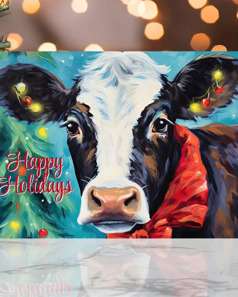 A painting of a cow wearing a red bow, with Christmas lights and greenery in the background, and the words Happy Holidays.