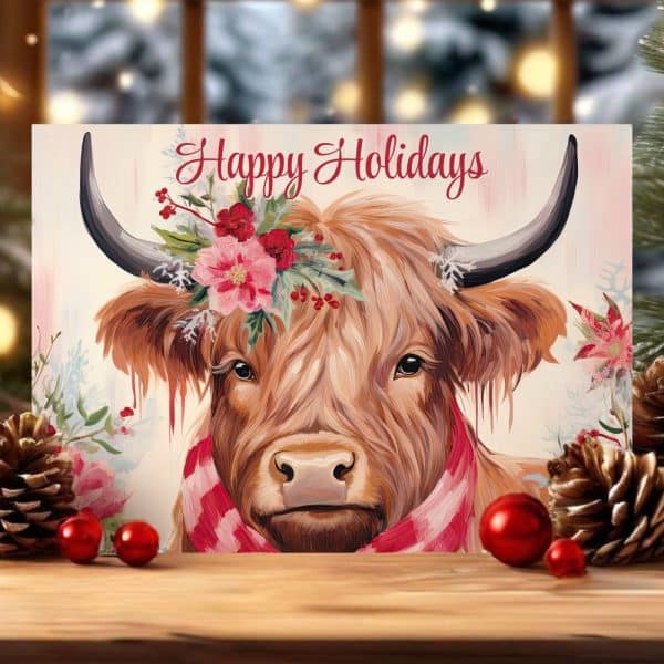 Happy Holidays Greeting Card Featuring A Highland Cow Wearing A Red And White Scarf And Floral Crown.