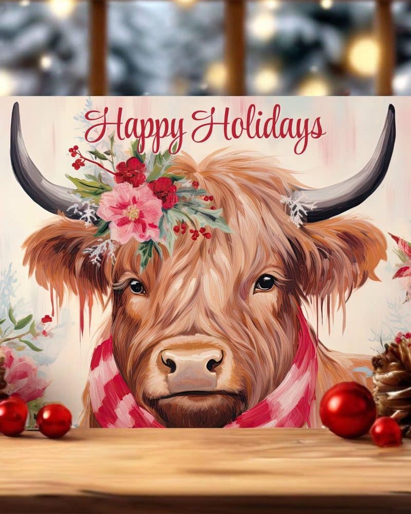 Happy Holidays greeting card featuring a Highland cow wearing a red and white scarf and floral crown.