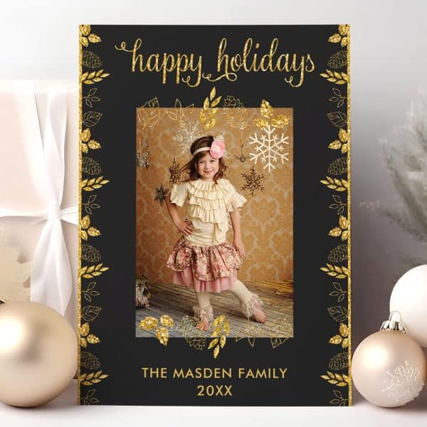 Black Holiday Card With Gold Glitter Border And A Photo Of A Young Girl. The Card Says Happy Holidays And The Madsen Family.
