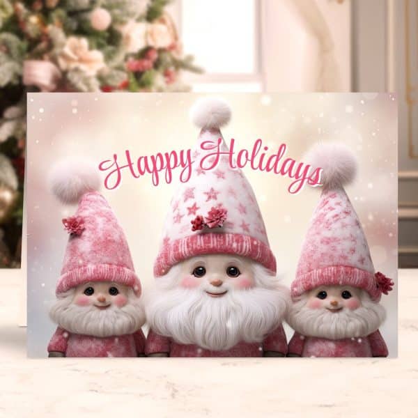 Happy Holidays Card Featuring Three Pink Gnomes.