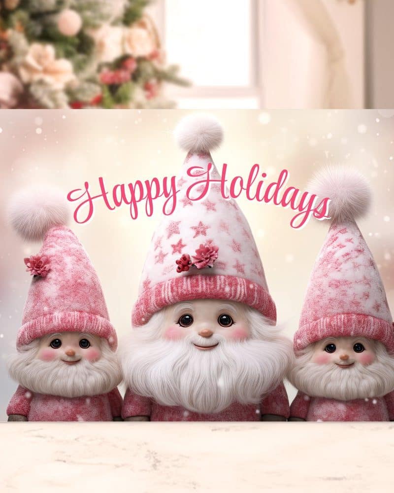 Happy Holidays card featuring three pink gnomes.