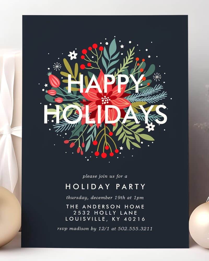 A dark-blue holiday party invitation with a floral wreath design and the words Happy Holidays.