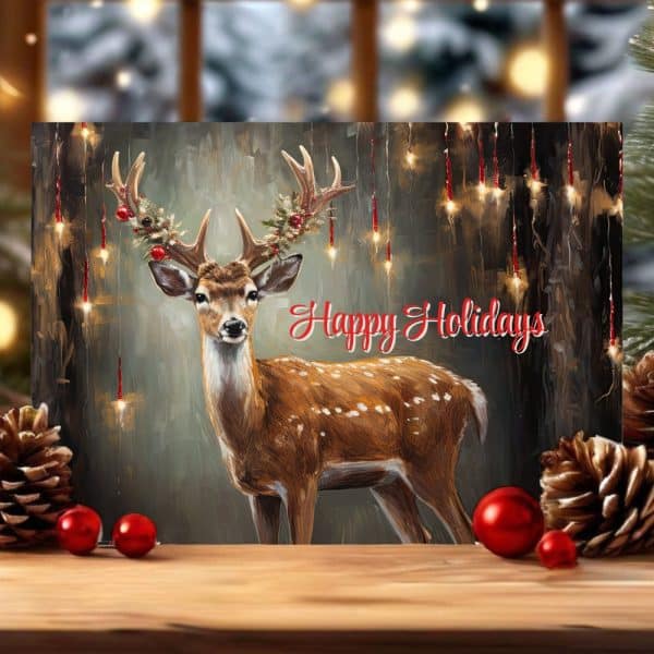 A Deer With Antlers Adorned With Holly And Berries Stands In A Forest Setting Illuminated By Glowing Lights; Happy Holidays Text Is Overlaid.