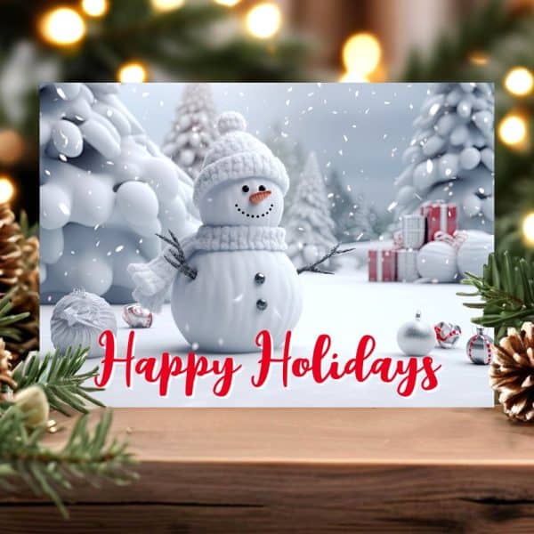 Holiday Greeting Card Featuring A Snowman In A Snowy Winter Scene. Happy Holidays Is Written Below.